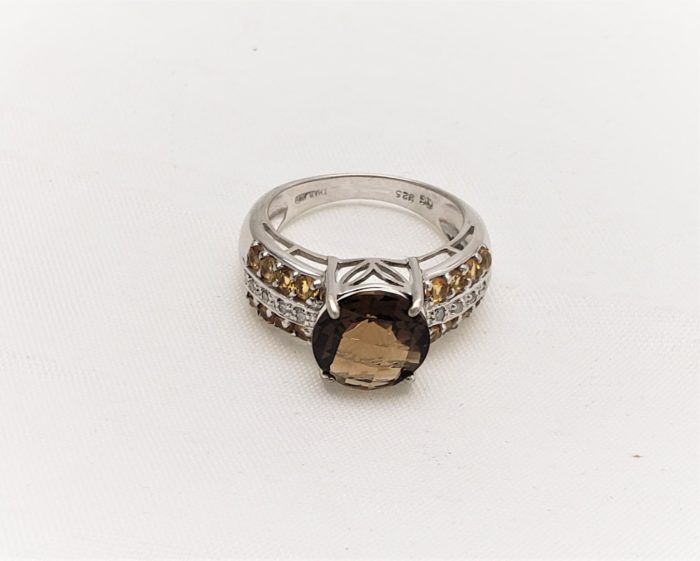 Ladies Sterling Silver Whiskey Quartz, Citrine, & Cubic Zirconia Ring