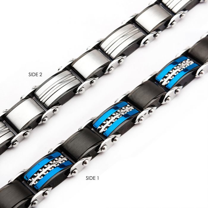 Double Sided Stainless Steel Black Plated and Blue Plated Reversible Bracelet