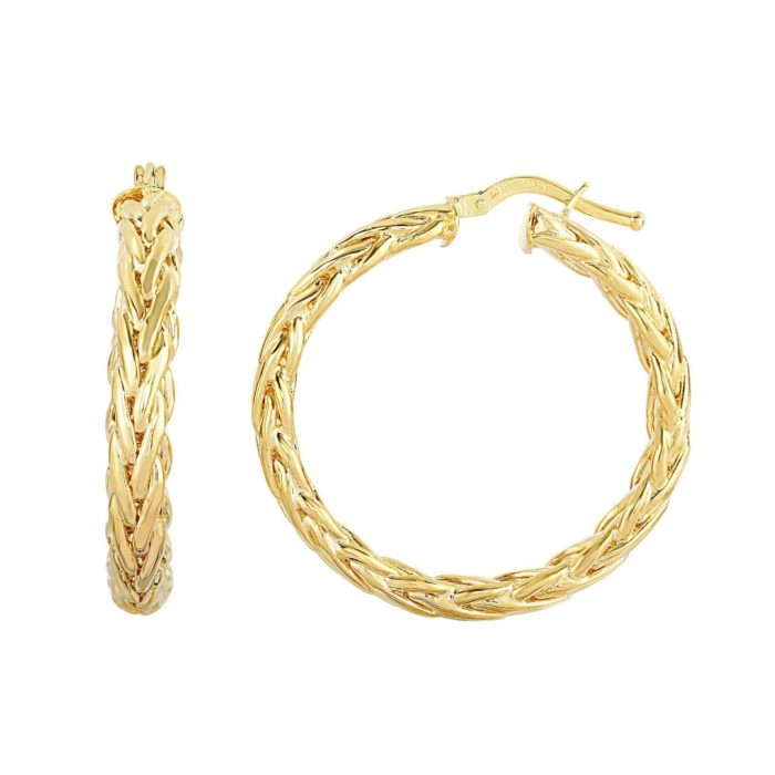 14Kt Yellow Gold Shiny Braided Domed Round Hoop Fancy Earring